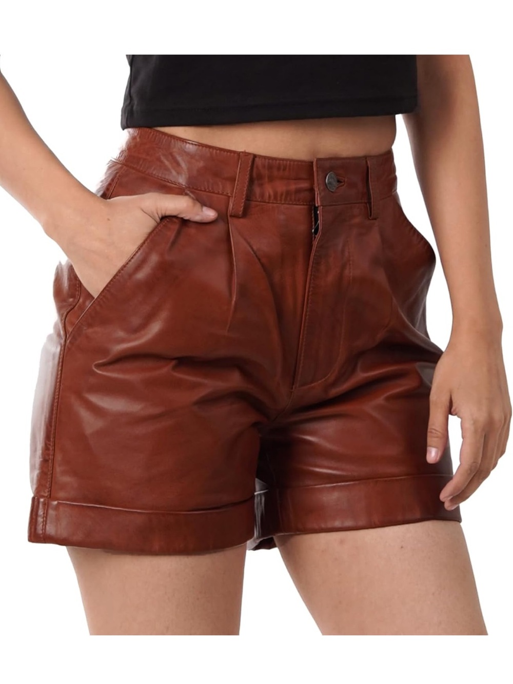 High-Waist Brown Leather Bermuda Shorts